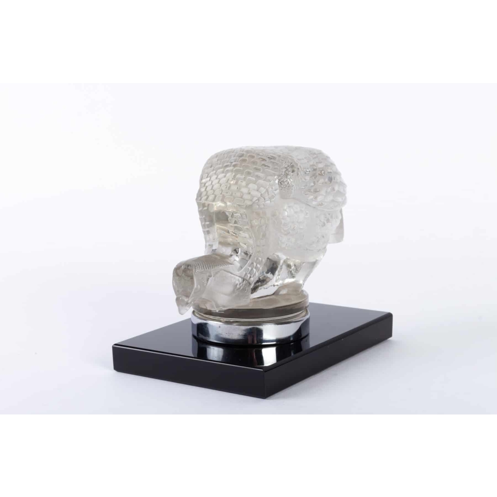 Mascotte Serre-Livres « Pintade » verre blanc socle sur base verre opalin noir de René LALIQUE