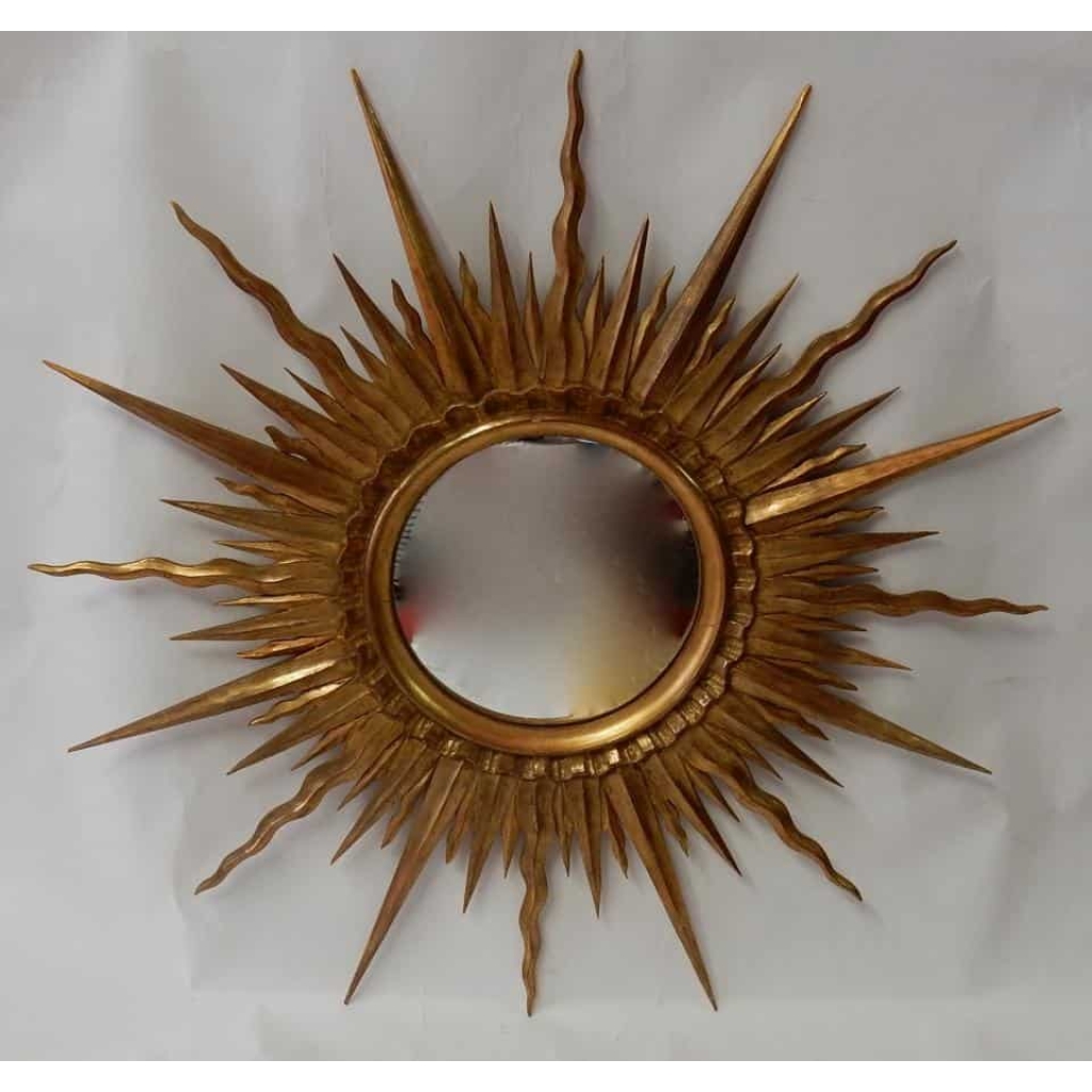 1950/70 ‘ Miroir Soleil Bois Doré Convexe Diamètre 87 Cm | Biron |||||||||