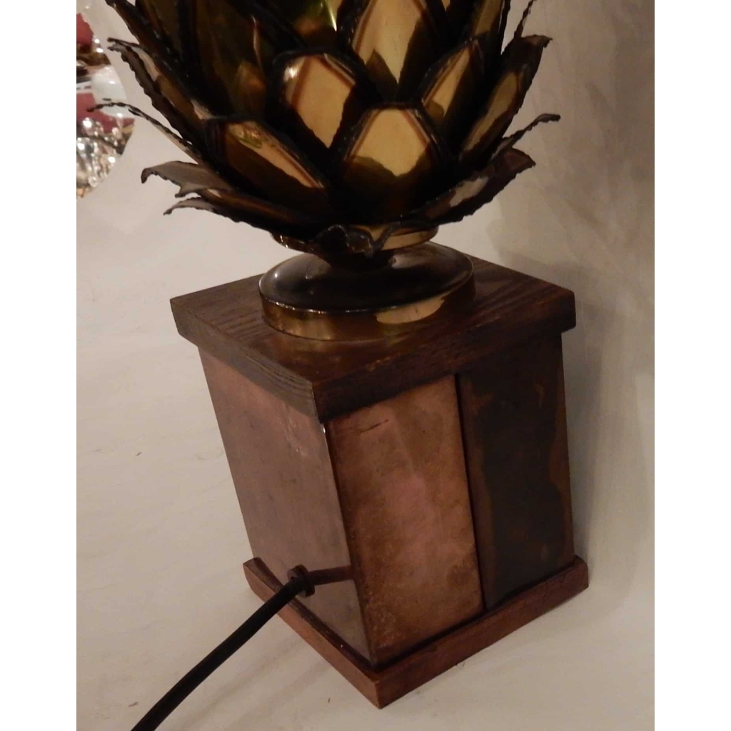 1970′ Lampe Ananas En Laiton Et Fer Oxydé Maison Jansen H 50 Cm