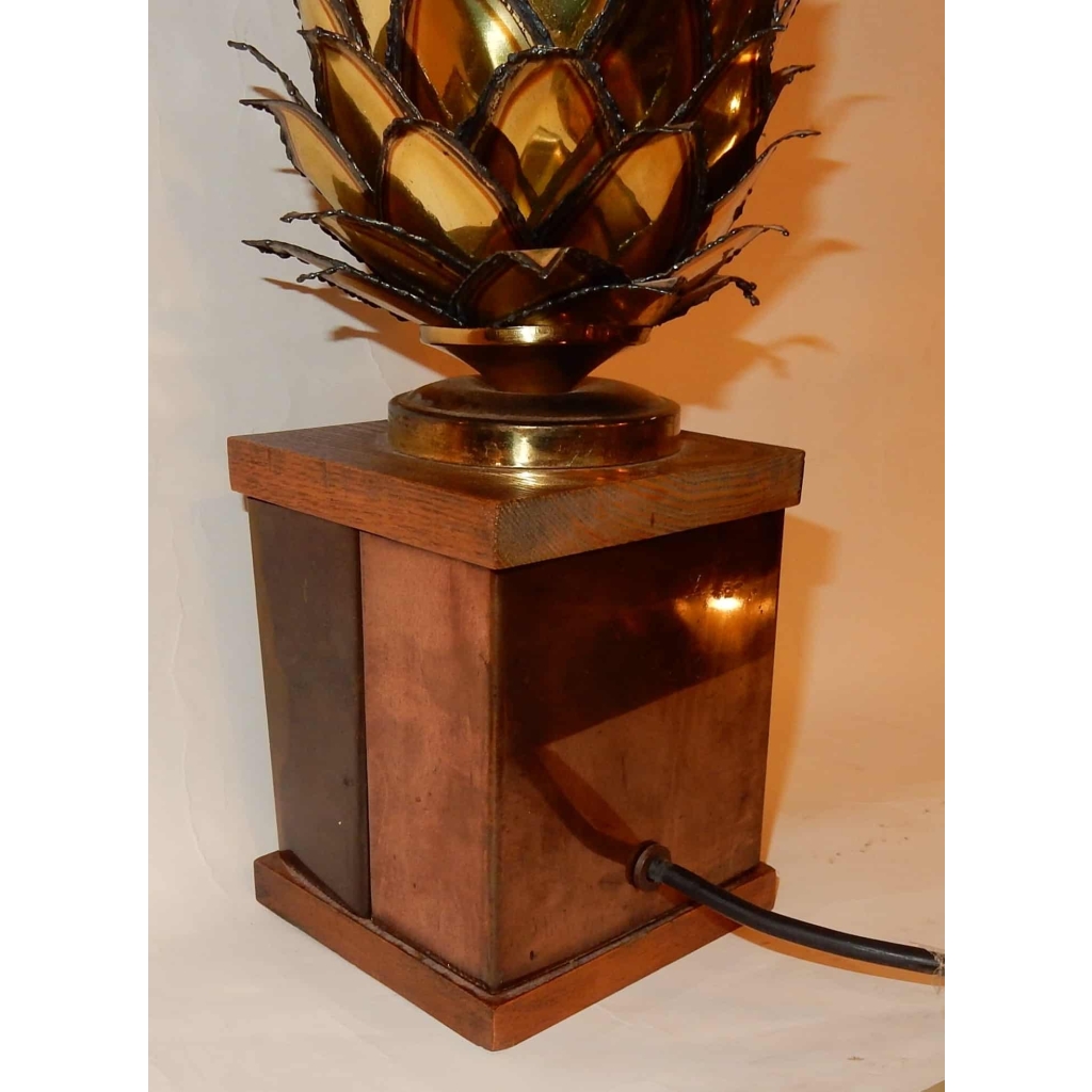 1970′ Lampe Ananas En Laiton Et Fer Oxydé Maison Jansen H 50 Cm
