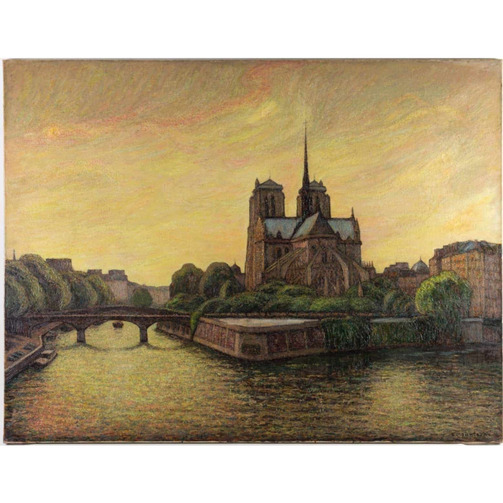 Tableau huile sur toile représentant Notre-Dame de Paris entre la Seine et la végétation 2