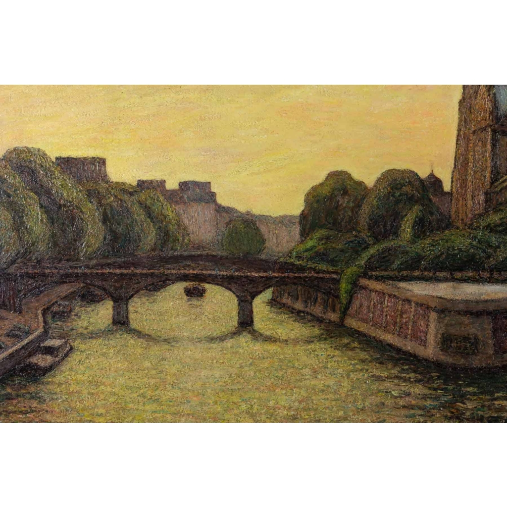 Tableau huile sur toile représentant Notre-Dame de Paris entre la Seine et la végétation 4