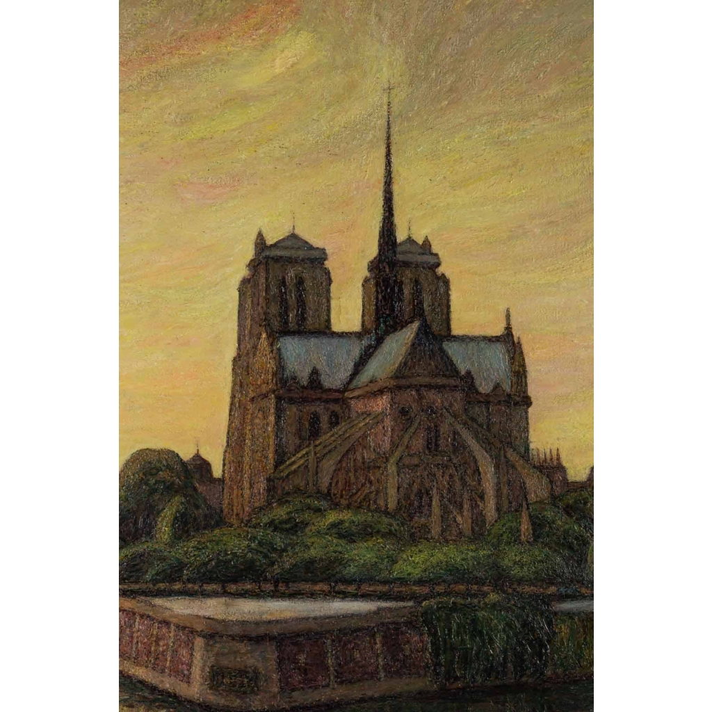Tableau huile sur toile représentant Notre-Dame de Paris entre la Seine et la végétation 5