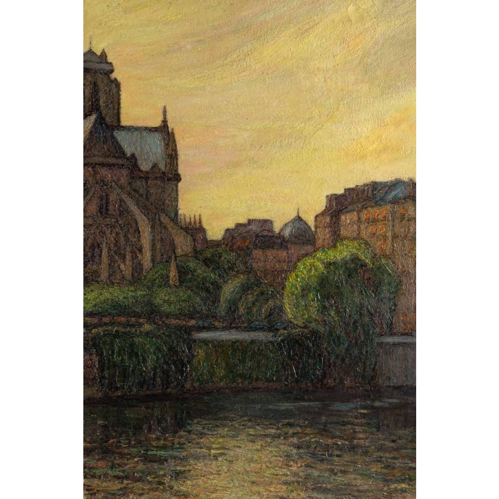 Tableau huile sur toile représentant Notre-Dame de Paris entre la Seine et la végétation 6