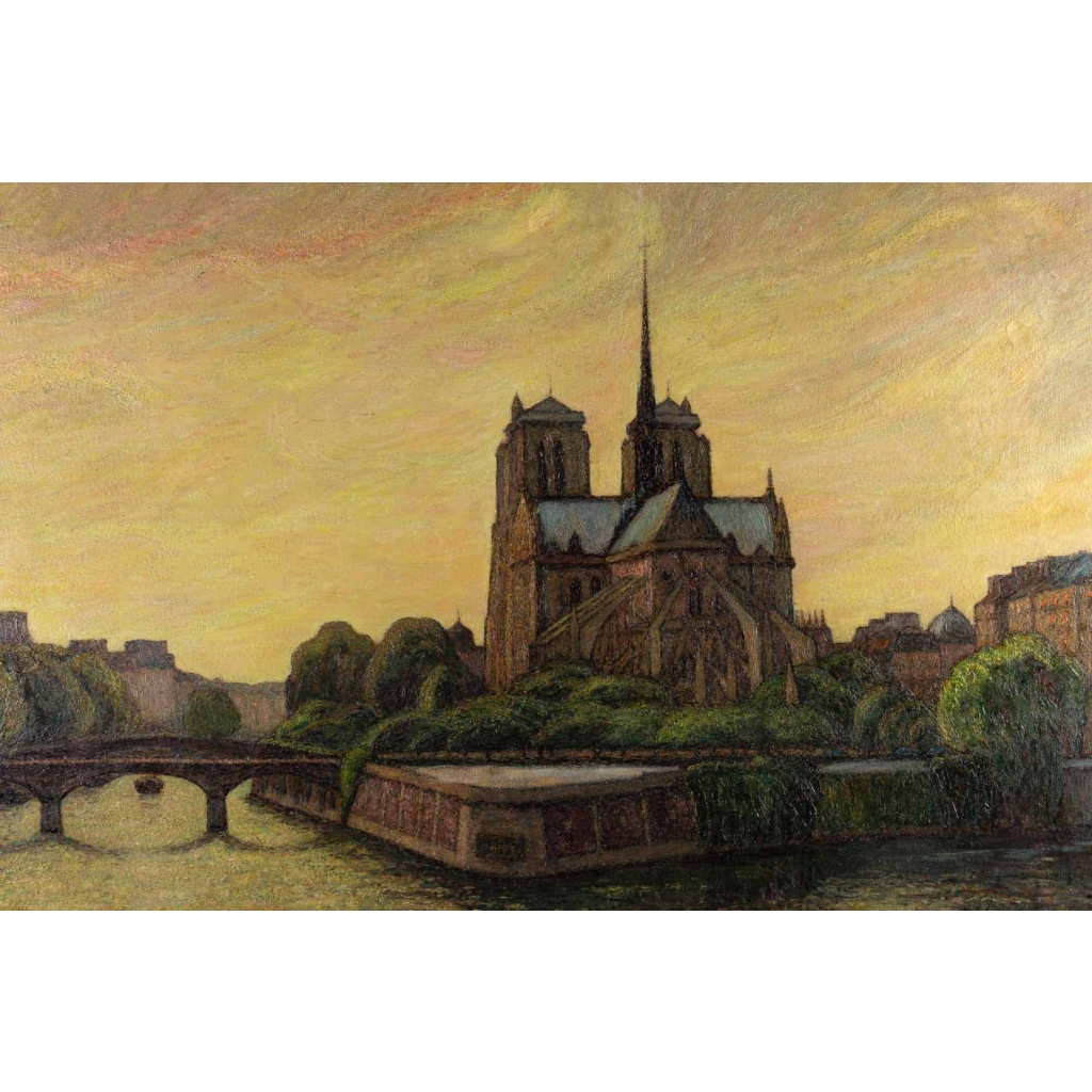 Tableau huile sur toile représentant Notre-Dame de Paris entre la Seine et la végétation 7