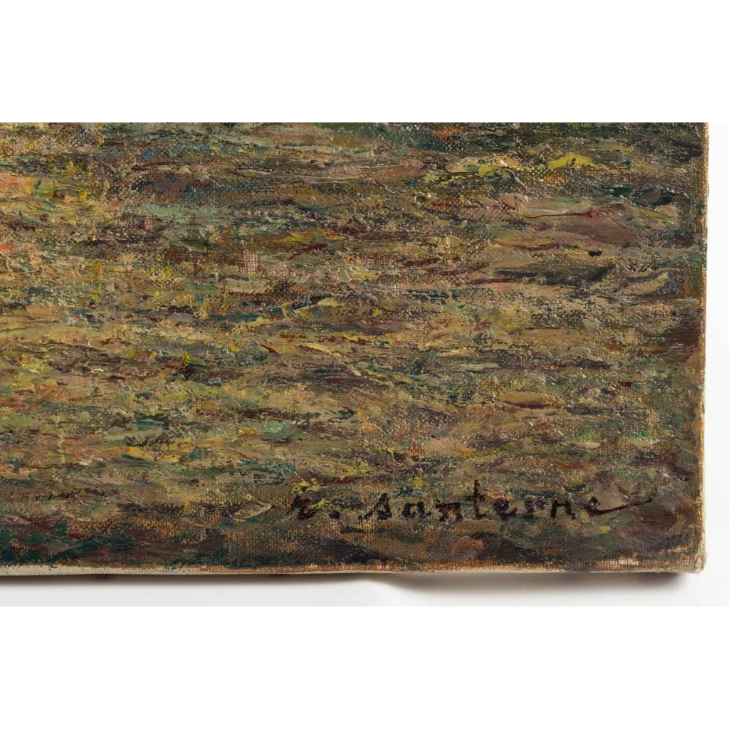 Tableau huile sur toile représentant Notre-Dame de Paris entre la Seine et la végétation 8