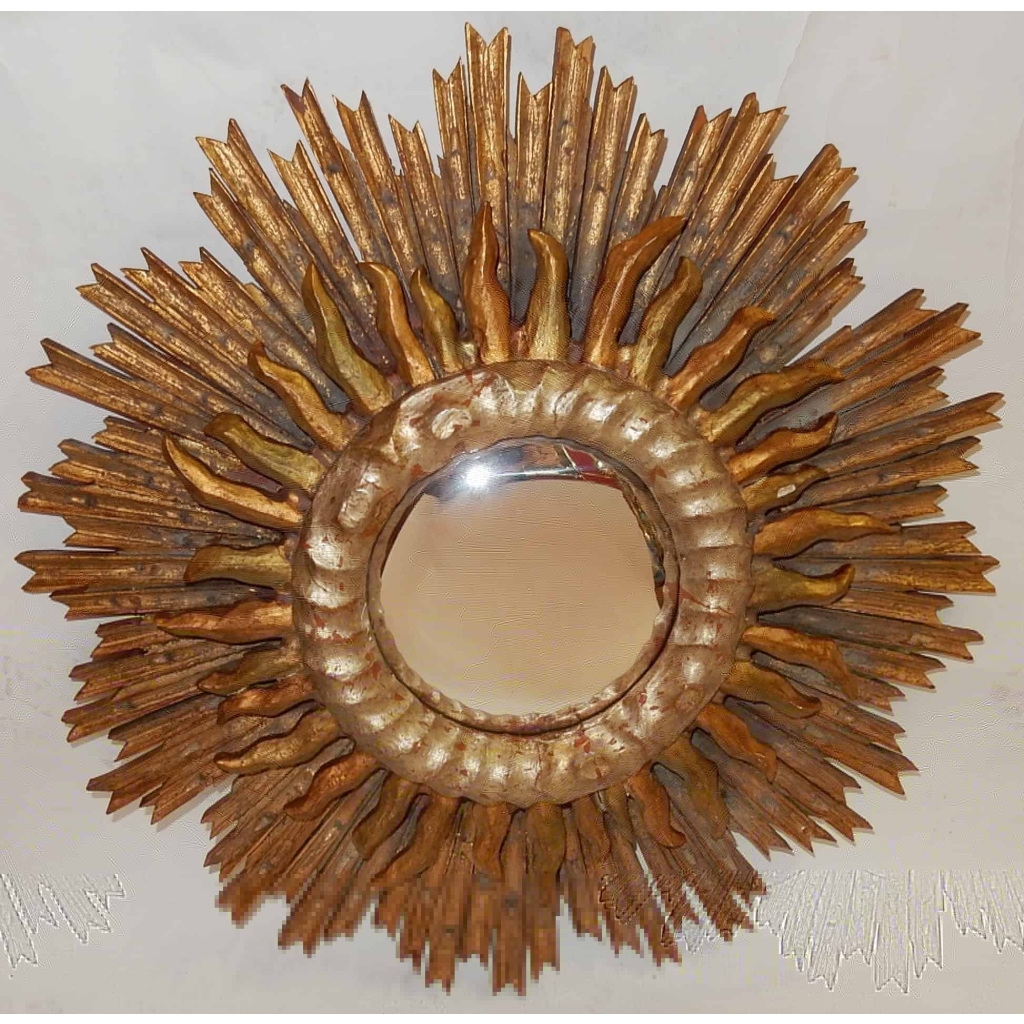 1950′ Miroir Soleil Convexe 2 Étages Bois Doré Et Argenté 63 Cm De Diamètre | Biron ||||||