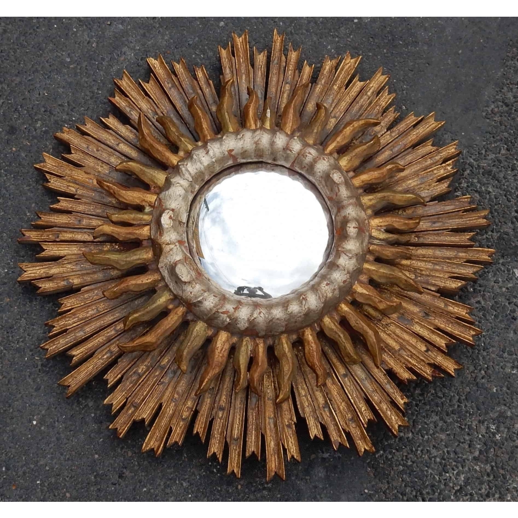 1950′ Miroir Soleil Convexe 2 Étages Bois Doré Et Argenté 63 Cm De Diamètre | Biron 1950′ Miroir Soleil Convexe 2 Étages Bois Doré Et Argenté 63 Cm De Diamètre