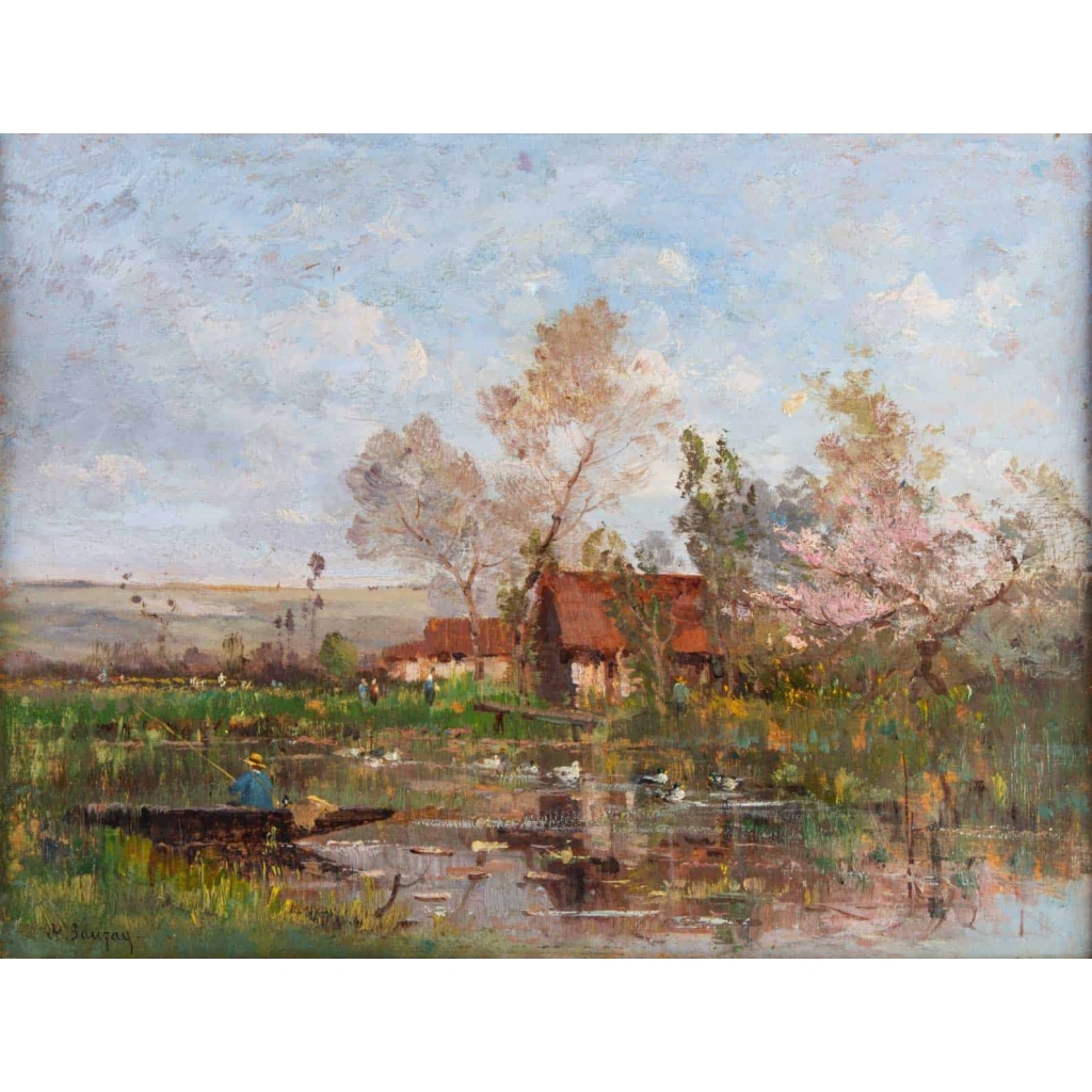 Adrien Jacques Sauzay (1841-1928). Pêcheur sur l'étang.