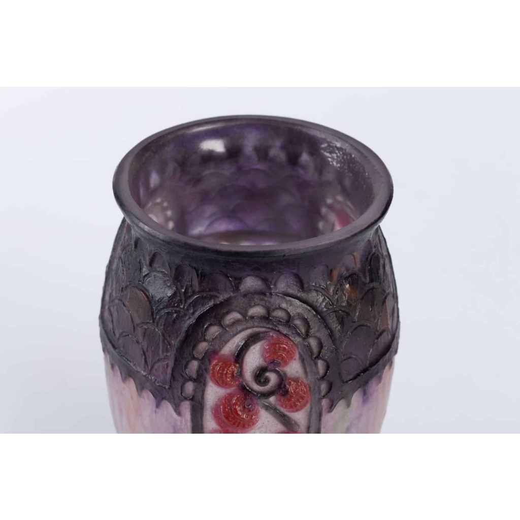 Vase "Primevères" pâte de verre rose, violette, noire et blanche - Gabriel ARGY-ROUSSEAU