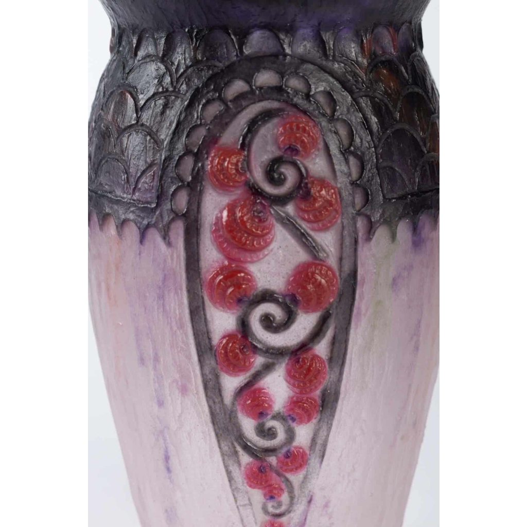Vase "Primevères" pâte de verre rose, violette, noire et blanche - Gabriel ARGY-ROUSSEAU