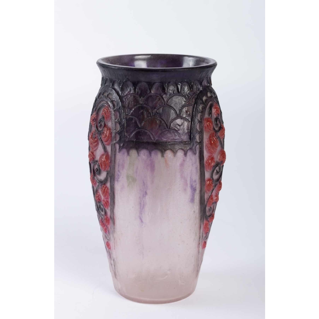 Vase "Primevères" pâte de verre rose, violette, noire et blanche - Gabriel ARGY-ROUSSEAU