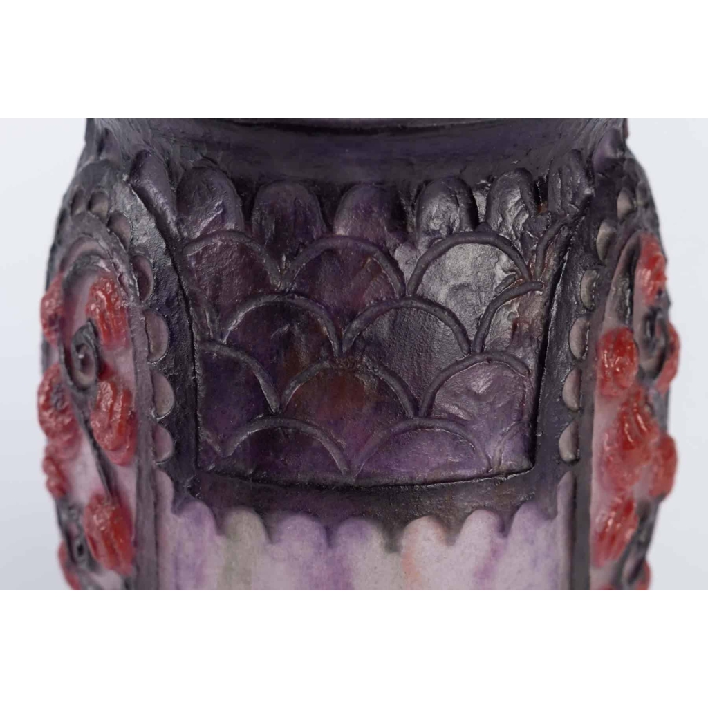 Vase "Primevères" pâte de verre rose, violette, noire et blanche - Gabriel ARGY-ROUSSEAU