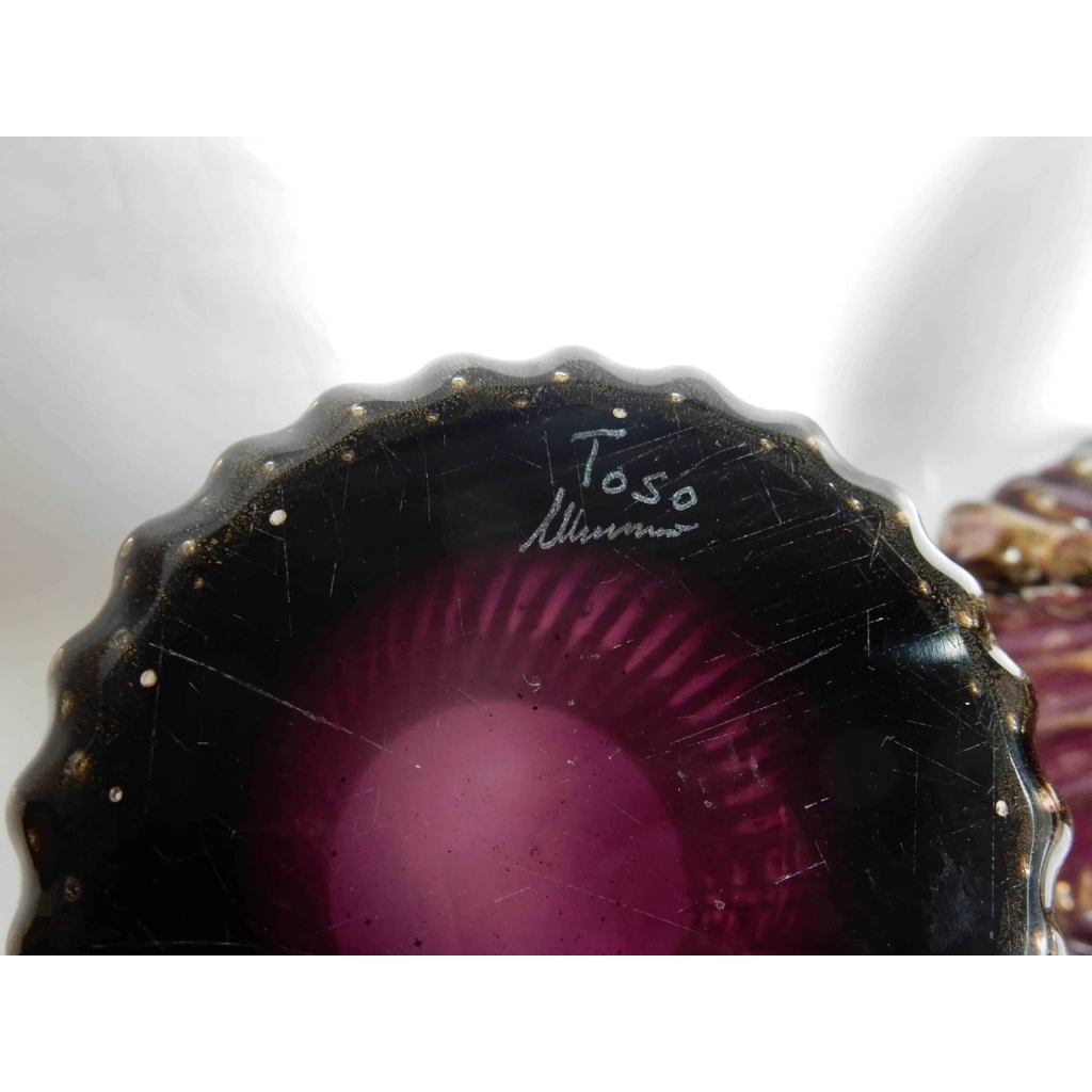 1970′ Paire de Vases Ou Similaires – Cristal Murano Violine et Or – Signés Toso H 32 cm
