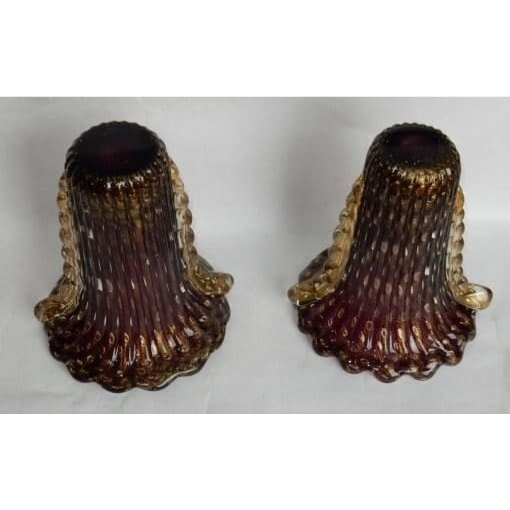 1970′ Paire de Vases Ou Similaires – Cristal Murano Violine et Or – Signés Toso H 32 cm