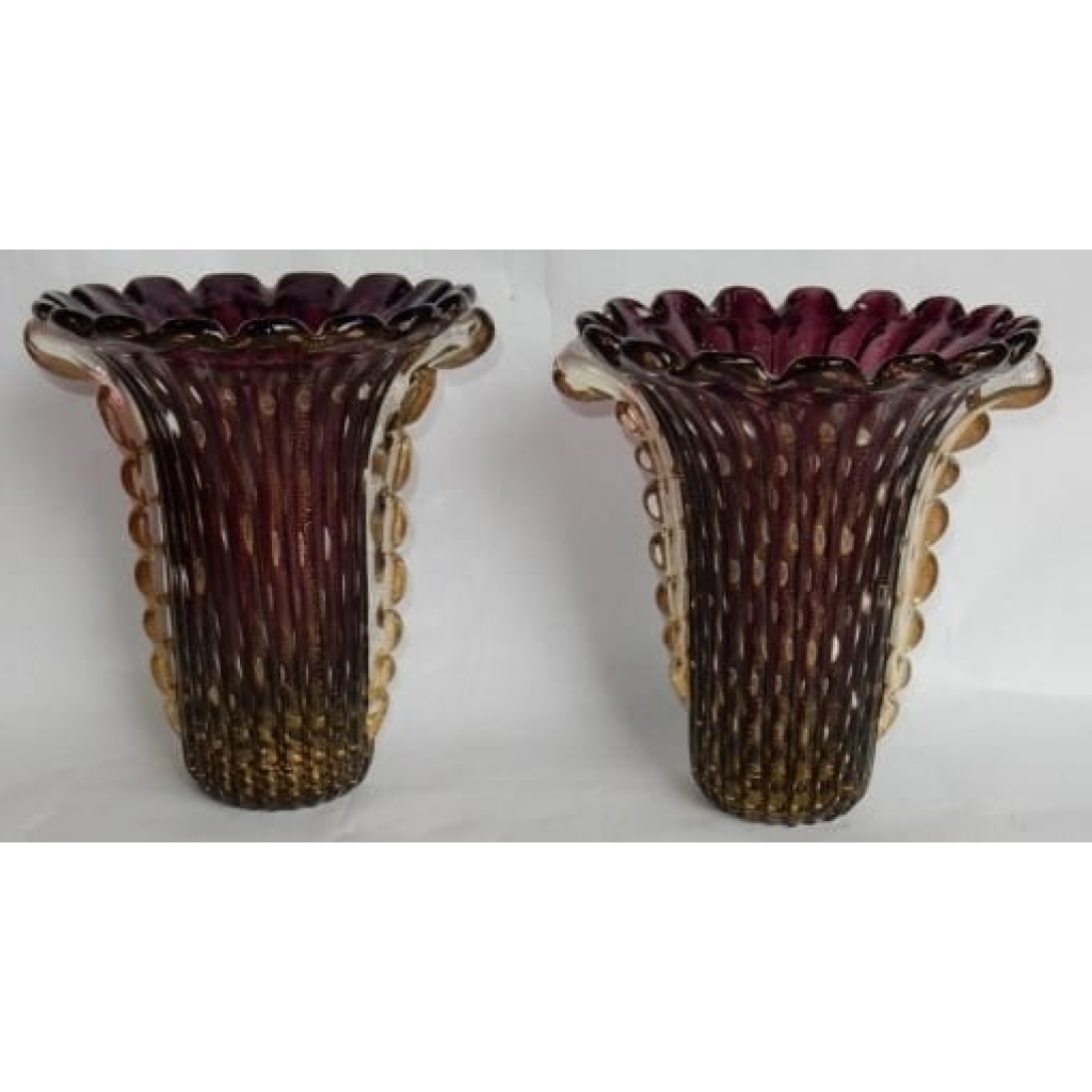 1970′ Paire de Vases Ou Similaires – Cristal Murano Violine et Or – Signés Toso H 32 cm