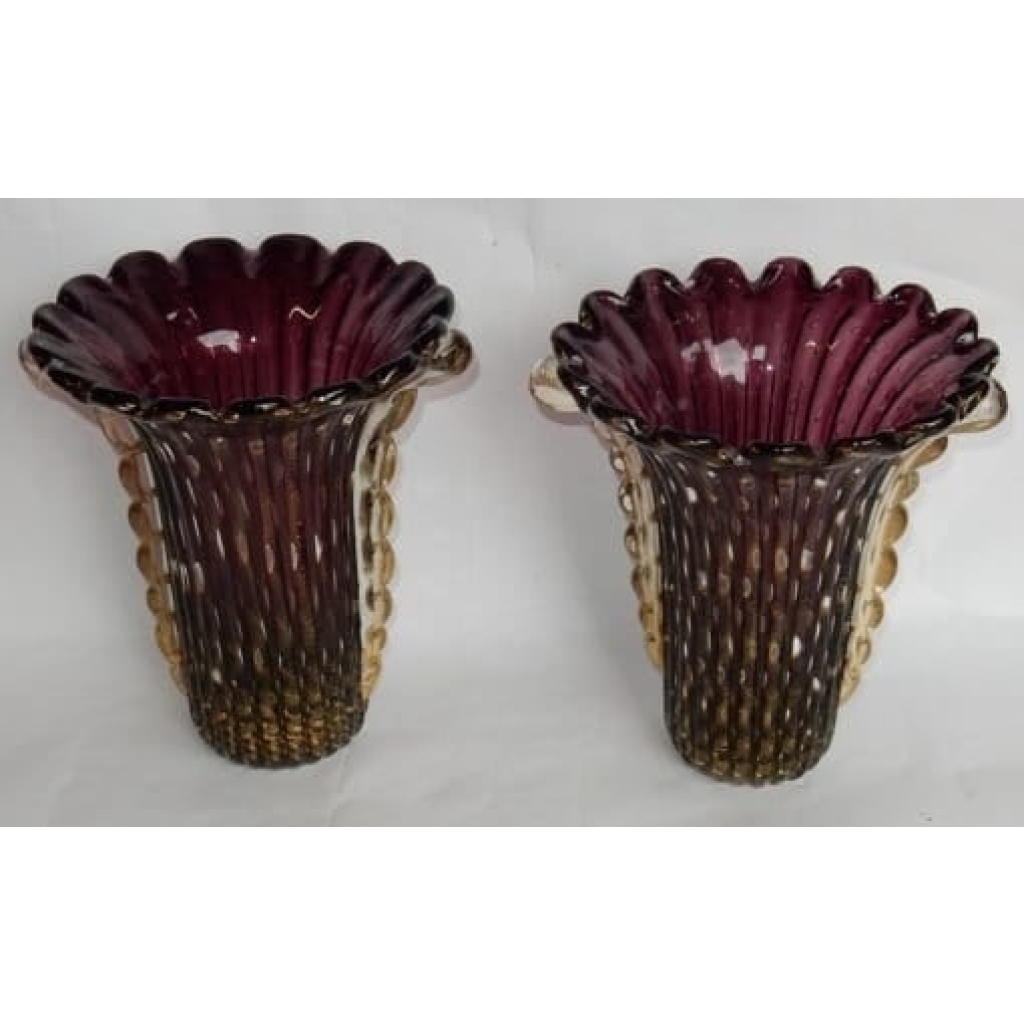 1970′ Paire de Vases Ou Similaires – Cristal Murano Violine et Or – Signés Toso H 32 cm