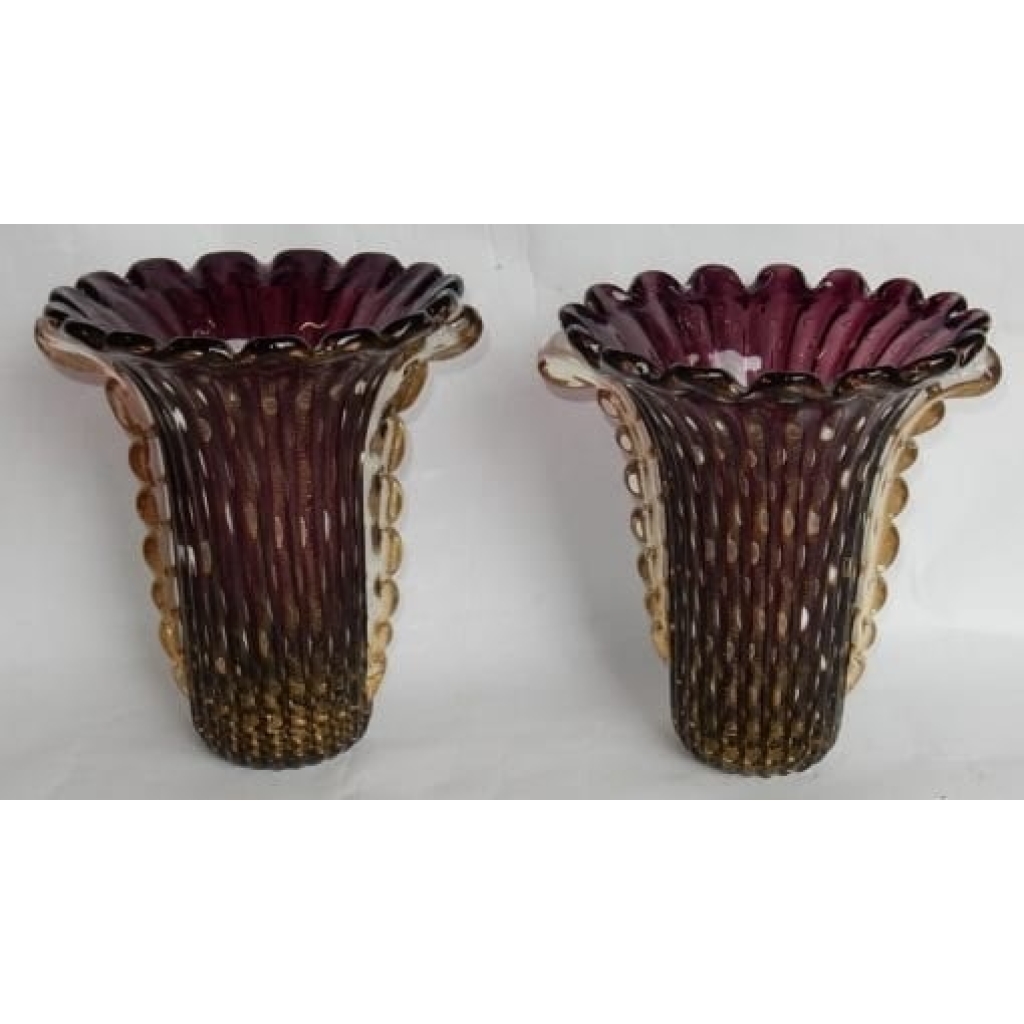 1970′ Paire de Vases Ou Similaires – Cristal Murano Violine et Or – Signés Toso H 32 cm