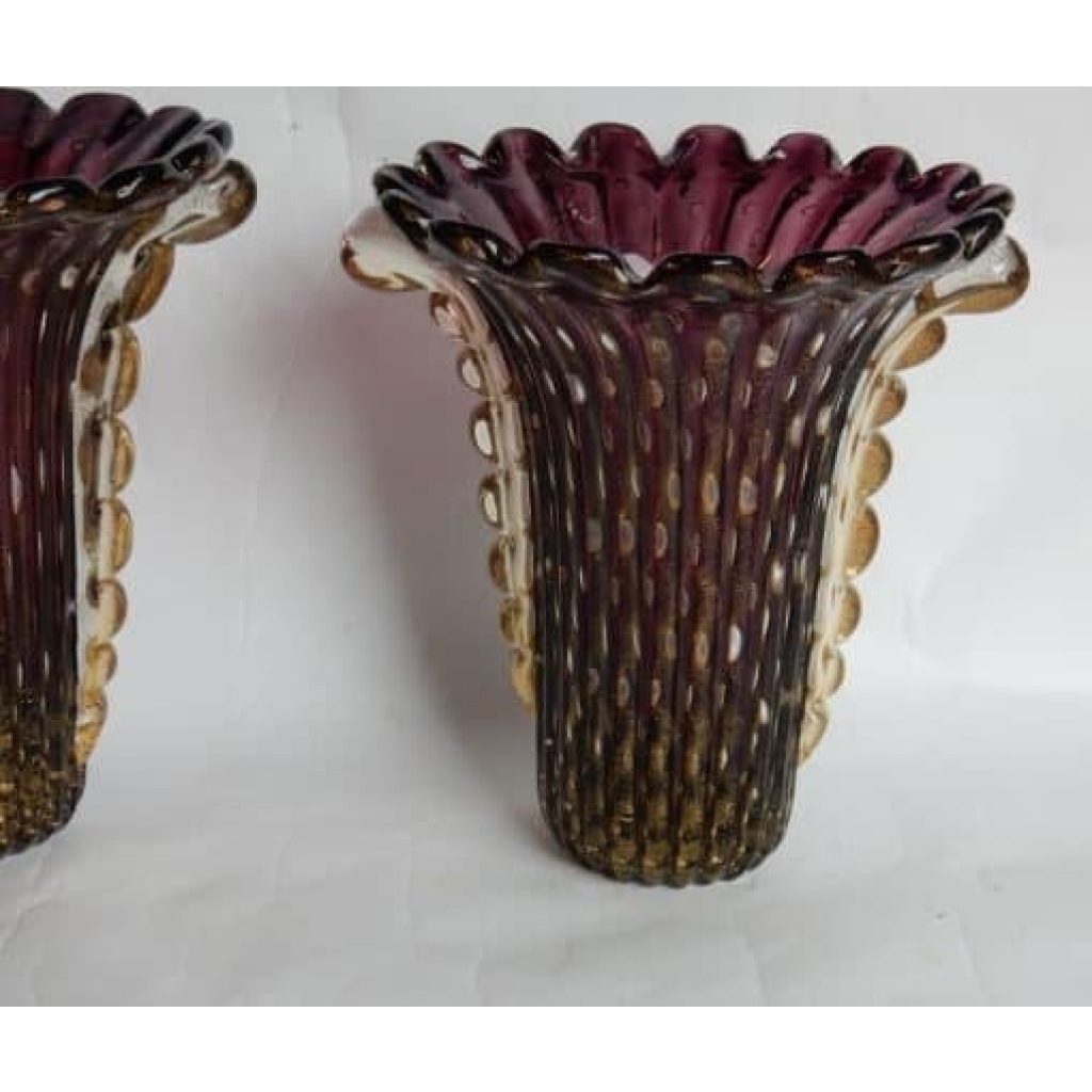 1970′ Paire de Vases Ou Similaires – Cristal Murano Violine et Or – Signés Toso H 32 cm