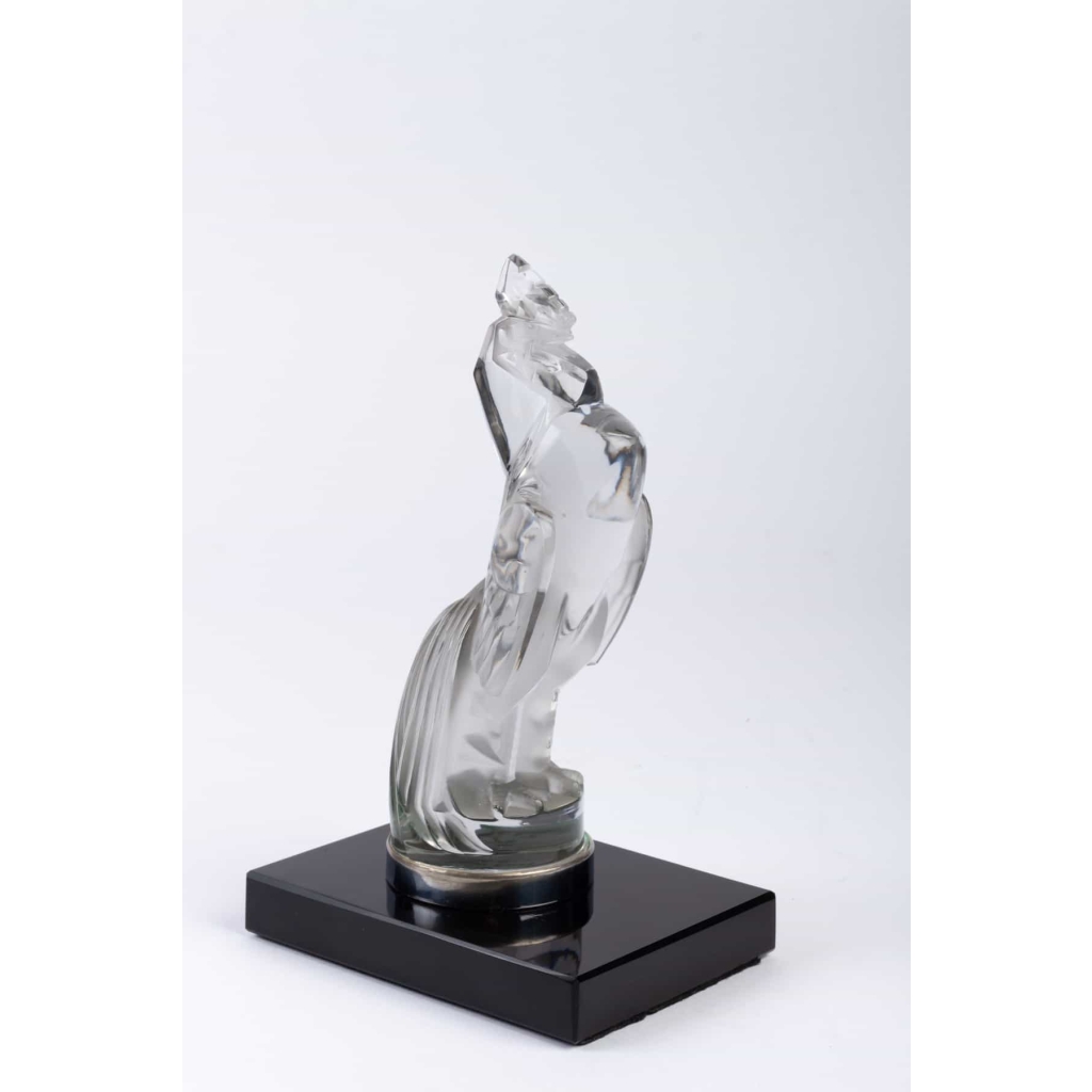 Mascotte Serre-Livres « Coq Houdan » verre blanc socle sur base verre opalin noir de René LALIQUE