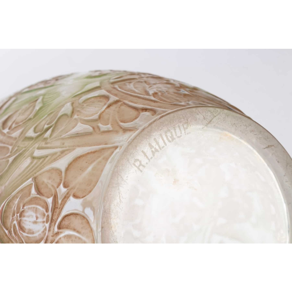 Vase « Martin Pêcheurs » verre blanc patiné sepia et vert de René LALIQUE