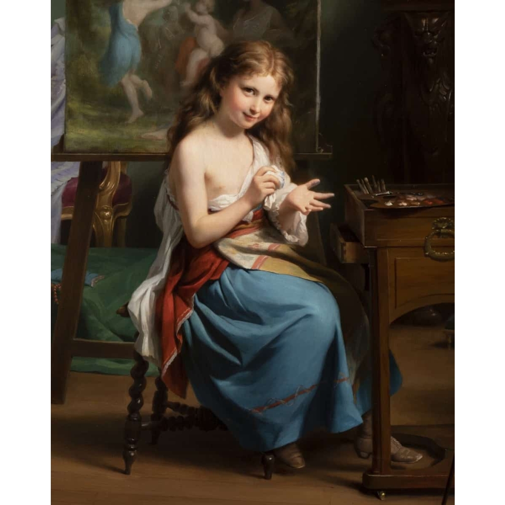 Fritz Zuber-Bühler (1822-1896) – Portrait d’une jeune fille dans son atelier | Biron Fritz Zuber-Bühler (1822-1896) - Portrait d’une jeune fille dans son atelier