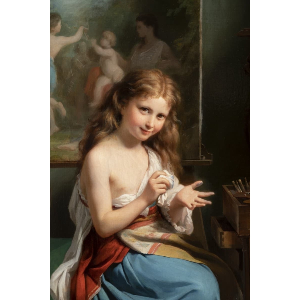 Fritz Zuber-Bühler (1822-1896) – Portrait d’une jeune fille dans son atelier | Biron Fritz Zuber-Bühler (1822-1896) - Portrait d’une jeune fille dans son atelier
