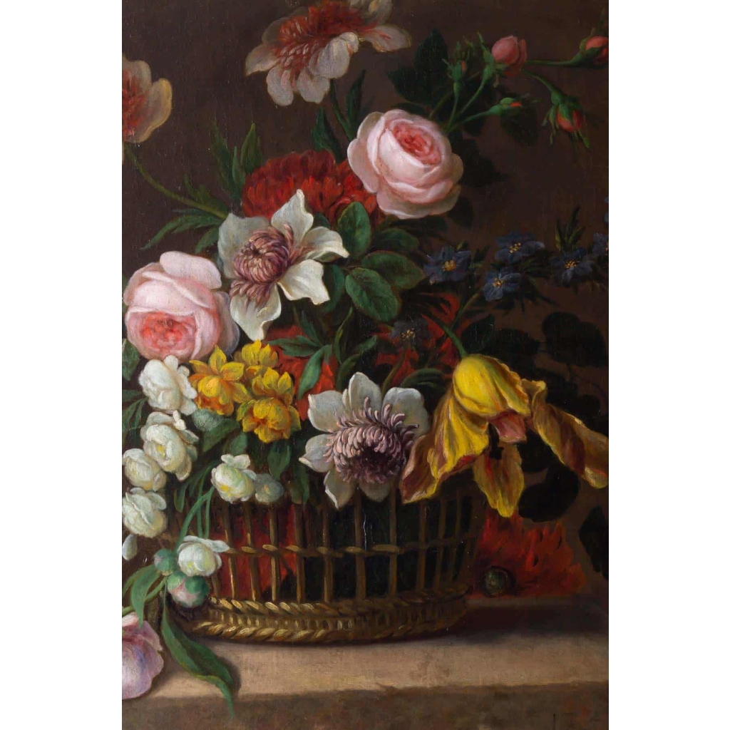 Bouquet de fleurs dans un panier. Fin XVIII ème