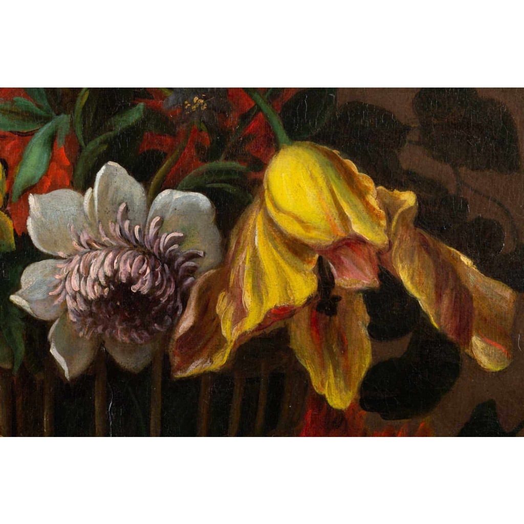 Bouquet de fleurs dans un panier. Fin XVIII ème