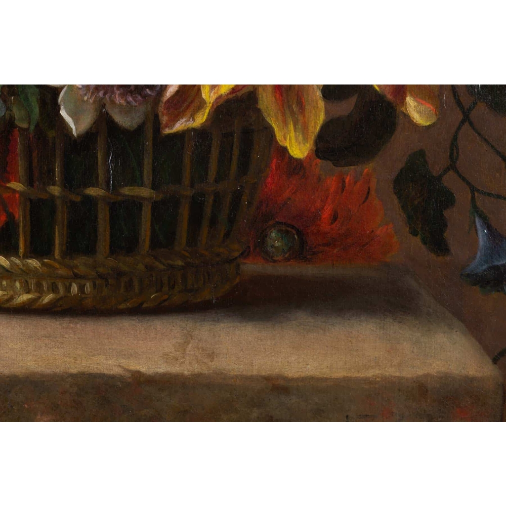 Bouquet de fleurs dans un panier. Fin XVIII ème