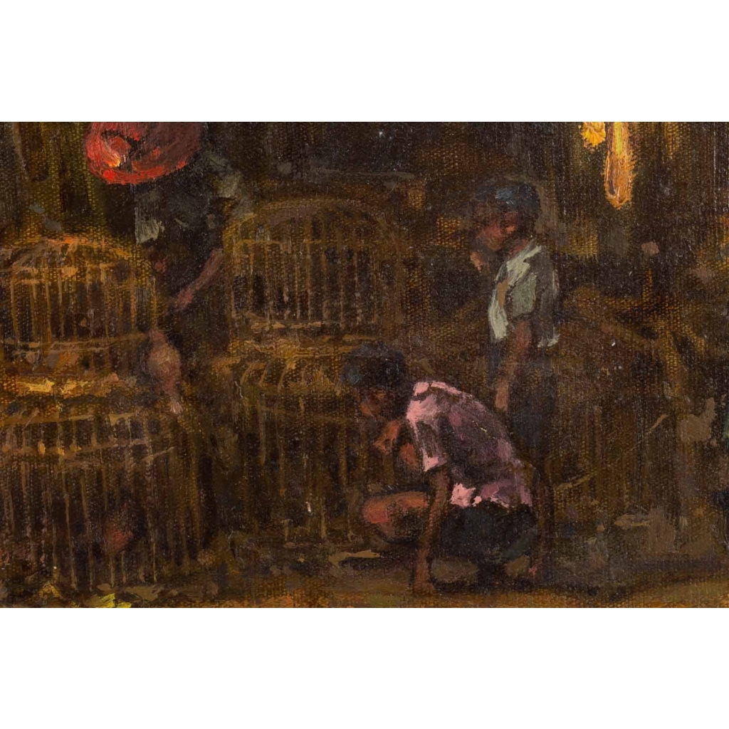 Tableau représentant un marchand de cages à oiseaux à Hong Konk dans les années 30