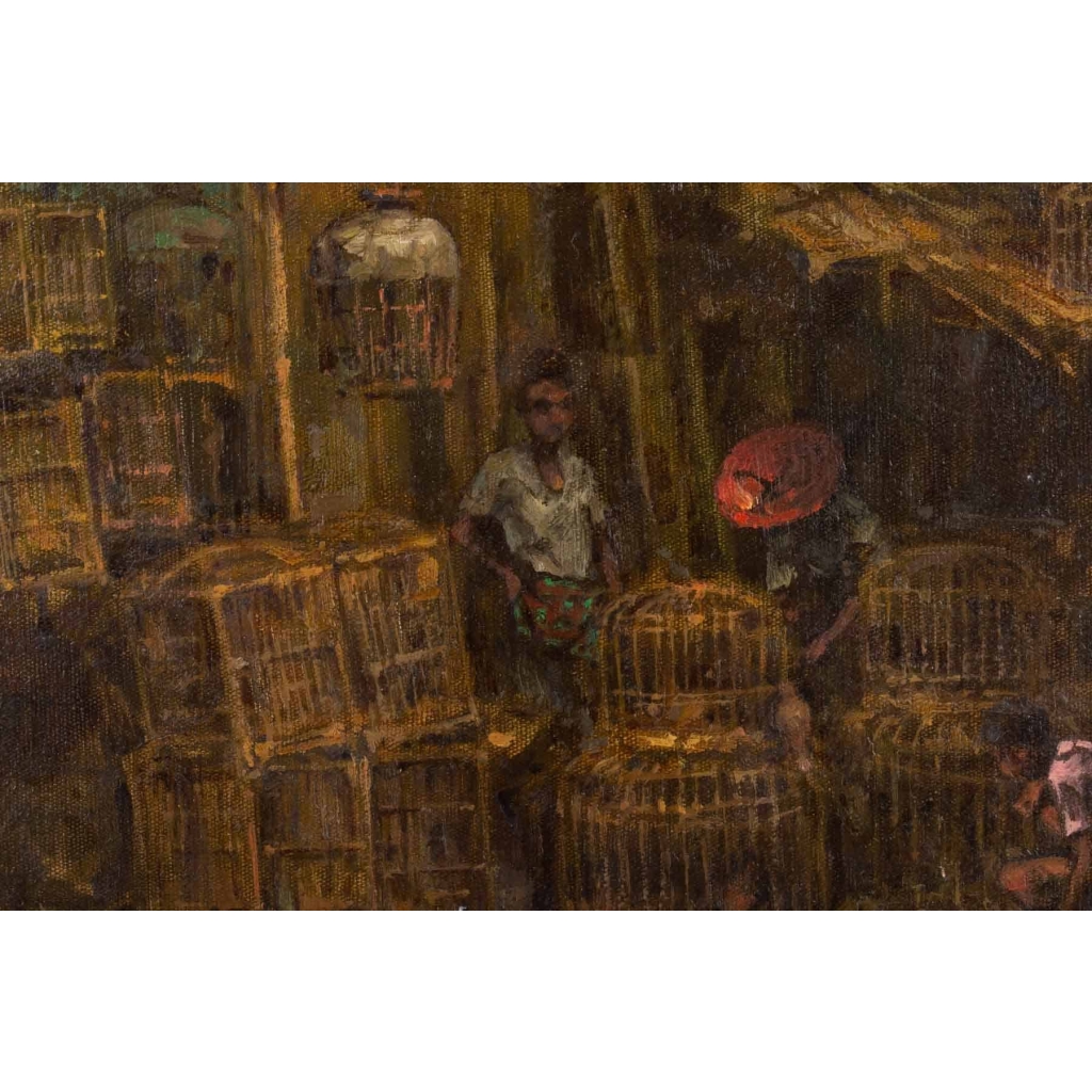 Tableau représentant un marchand de cages à oiseaux à Hong Konk dans les années 30