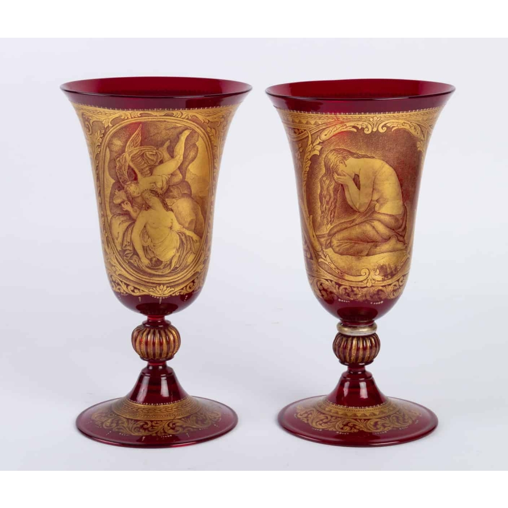 2 Vases Venise rouges et or fin 19e siècle | Biron ||||||||||