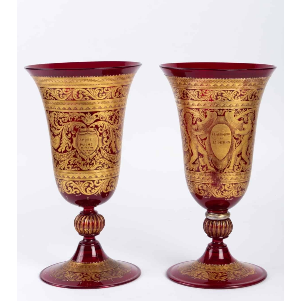 2 Vases Venise rouges et or fin 19e siècle | Biron 2 Vases Venise rouges et or fin 19e siècle