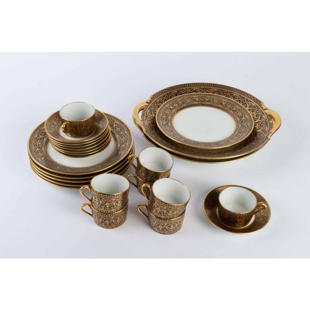 Service gâteaux & tasses à café, noir et or, Legrand Limoges 1915