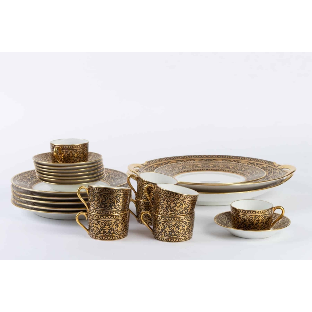 Service gâteaux & tasses à café, noir et or, Legrand Limoges 1915