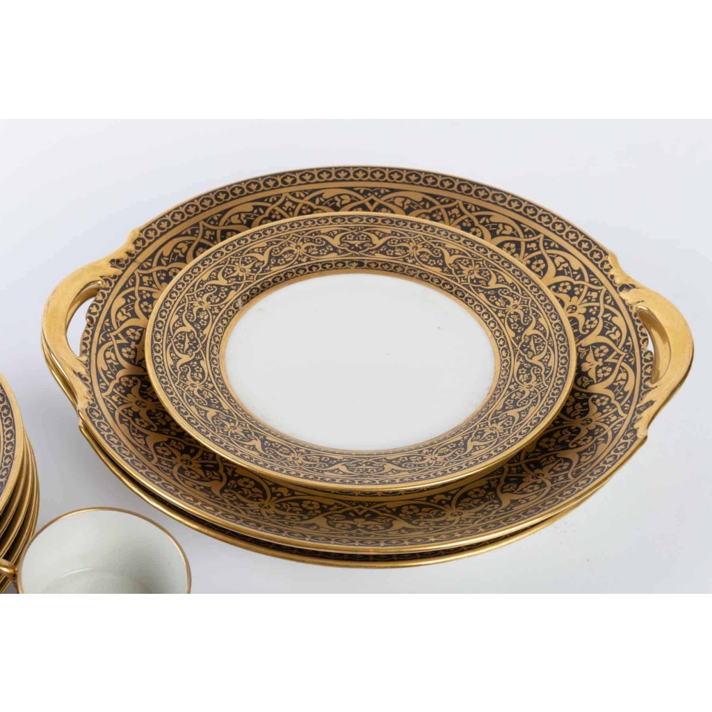 Service gâteaux & tasses à café, noir et or, Legrand Limoges 1915