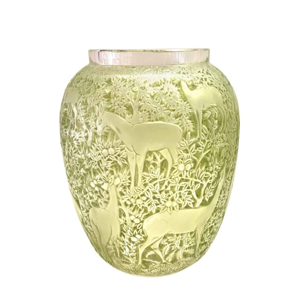 Vase « Biches » verre blanc patiné vert de René LALIQUE | Biron ||||||