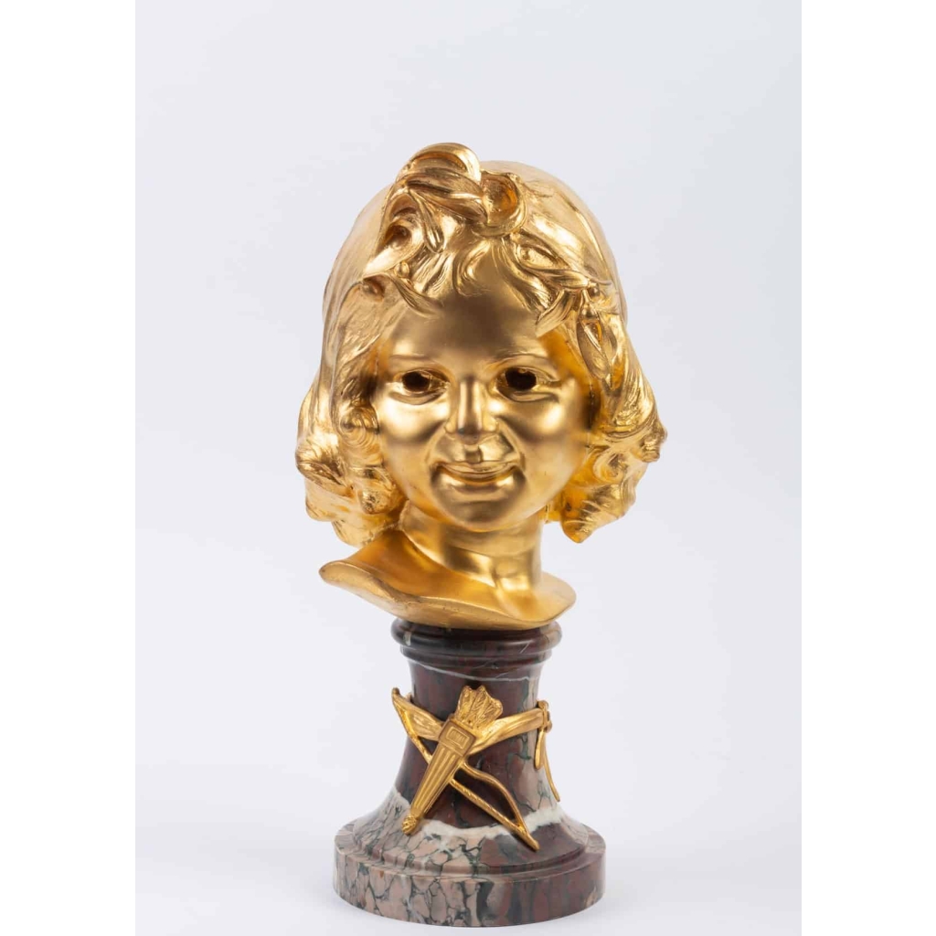 Sculpture tête d’enfant en bronze doré et marbre de MICHELET 20e siècle | Biron |||||||||||