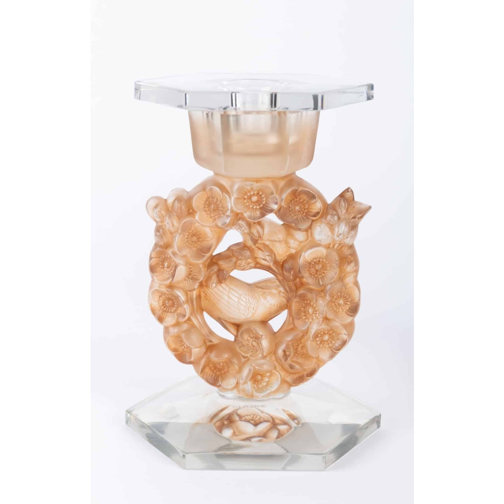 Paire de Bougeoirs « Mésanges » verre blanc patiné sépia de René LALIQUE