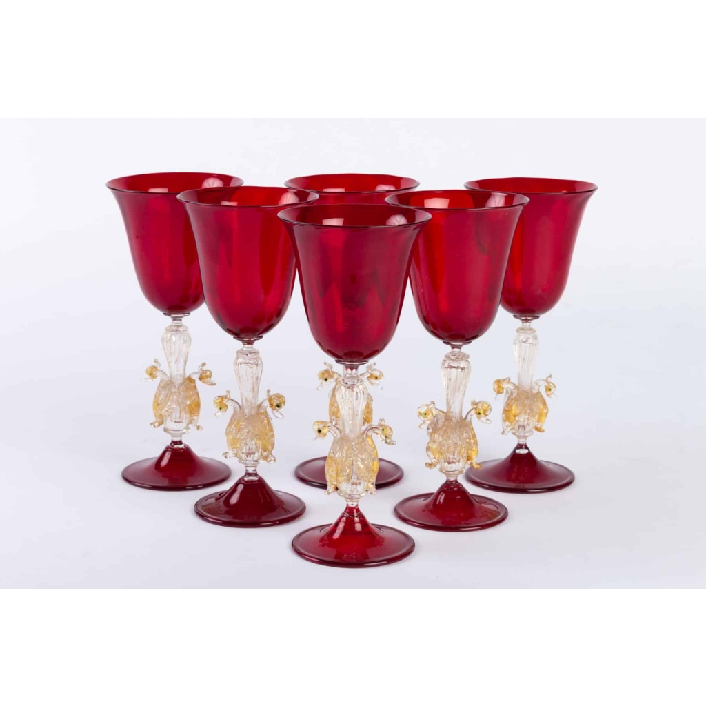 Six Verres Vénitiens ( Murano) Rouges Rubis à 2 Cygnes 1910 | Biron ||||||||||||