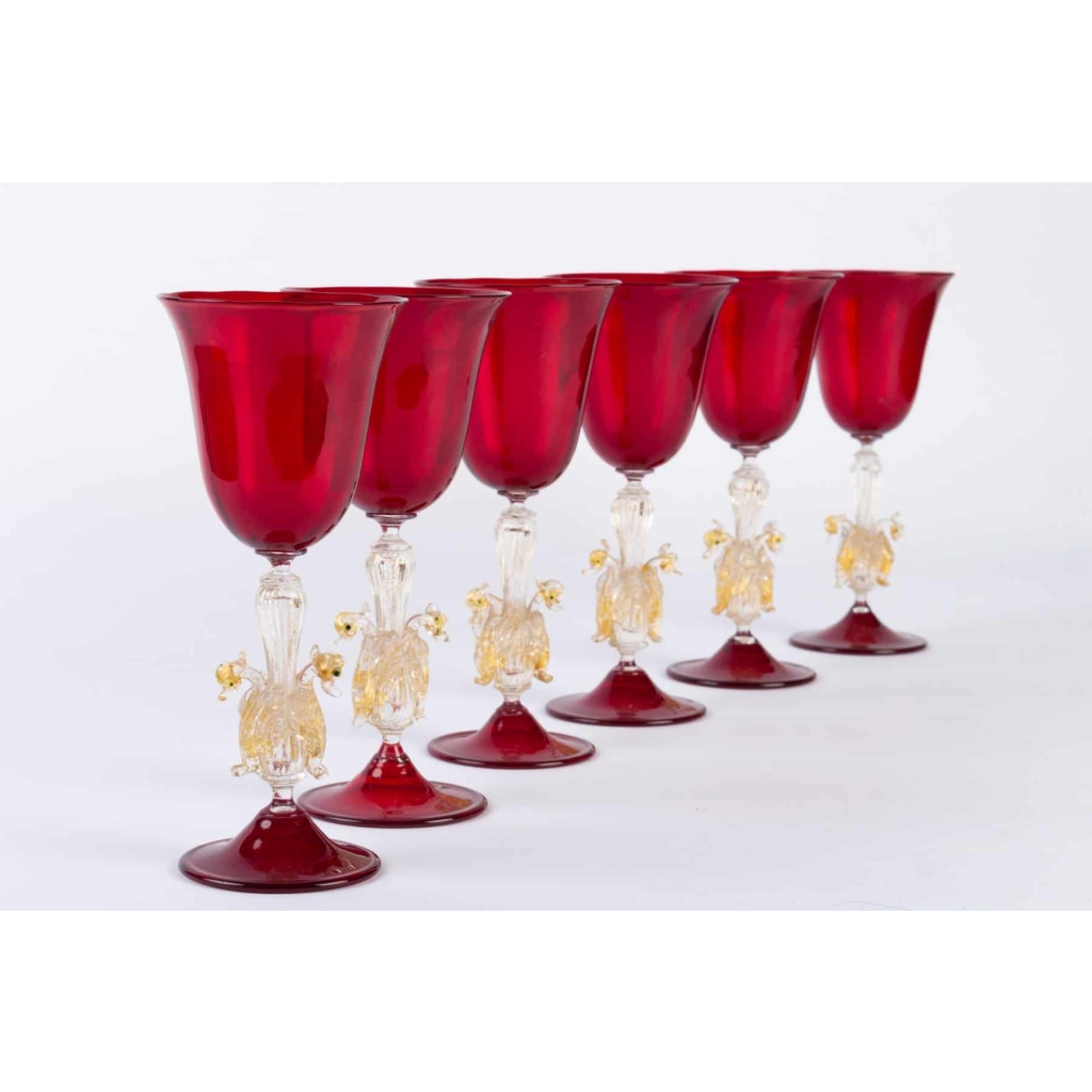 Six Verres Vénitiens ( Murano) Rouges Rubis à 2 Cygnes 1910 | Biron Six Verres Vénitiens ( Murano) Rouges Rubis à 2 Cygnes 1910