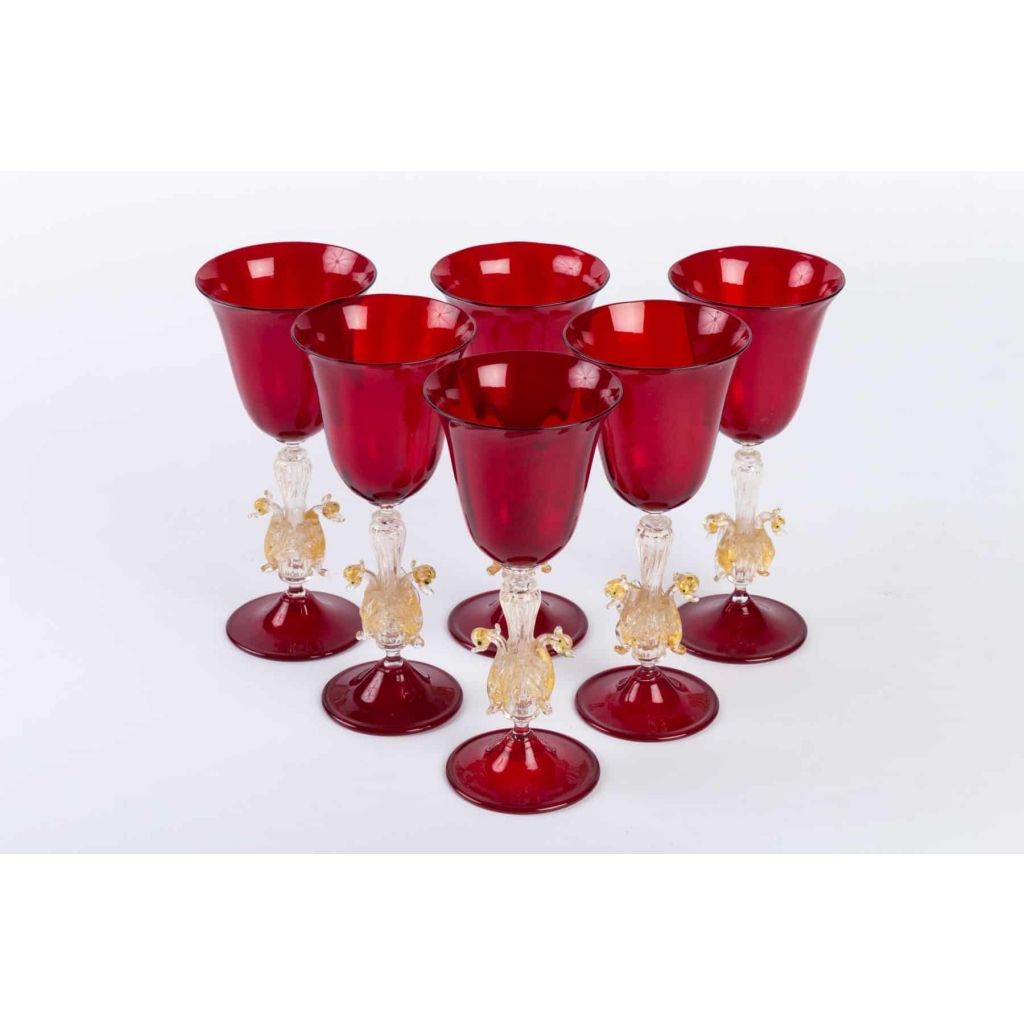 Six Verres Vénitiens ( Murano) Rouges Rubis à 2 Cygnes 1910 | Biron Six Verres Vénitiens ( Murano) Rouges Rubis à 2 Cygnes 1910