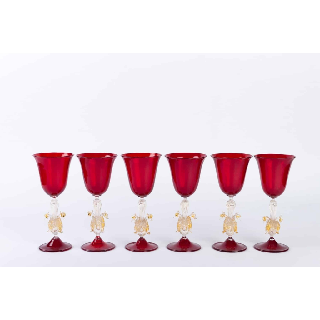 Six Verres Vénitiens ( Murano) Rouges Rubis à 2 Cygnes 1910 | Biron Six Verres Vénitiens ( Murano) Rouges Rubis à 2 Cygnes 1910