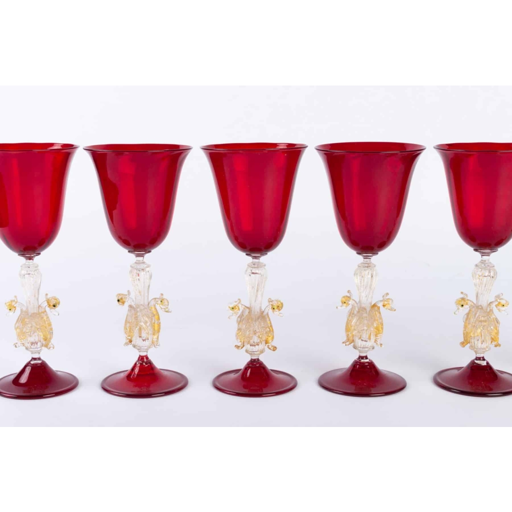 Six Verres Vénitiens ( Murano) Rouges Rubis à 2 Cygnes 1910 | Biron Six Verres Vénitiens ( Murano) Rouges Rubis à 2 Cygnes 1910