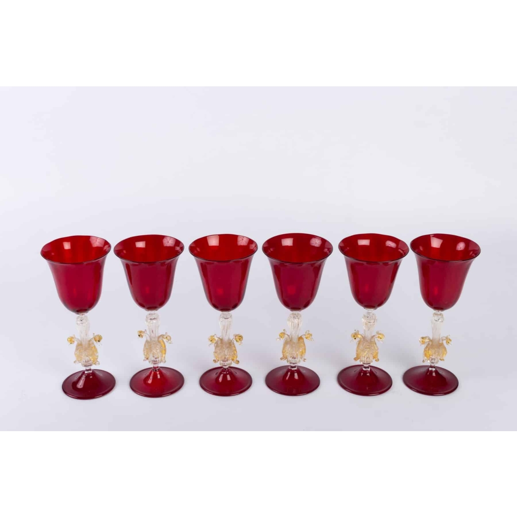 Six Verres Vénitiens ( Murano) Rouges Rubis à 2 Cygnes 1910 | Biron Six Verres Vénitiens ( Murano) Rouges Rubis à 2 Cygnes 1910