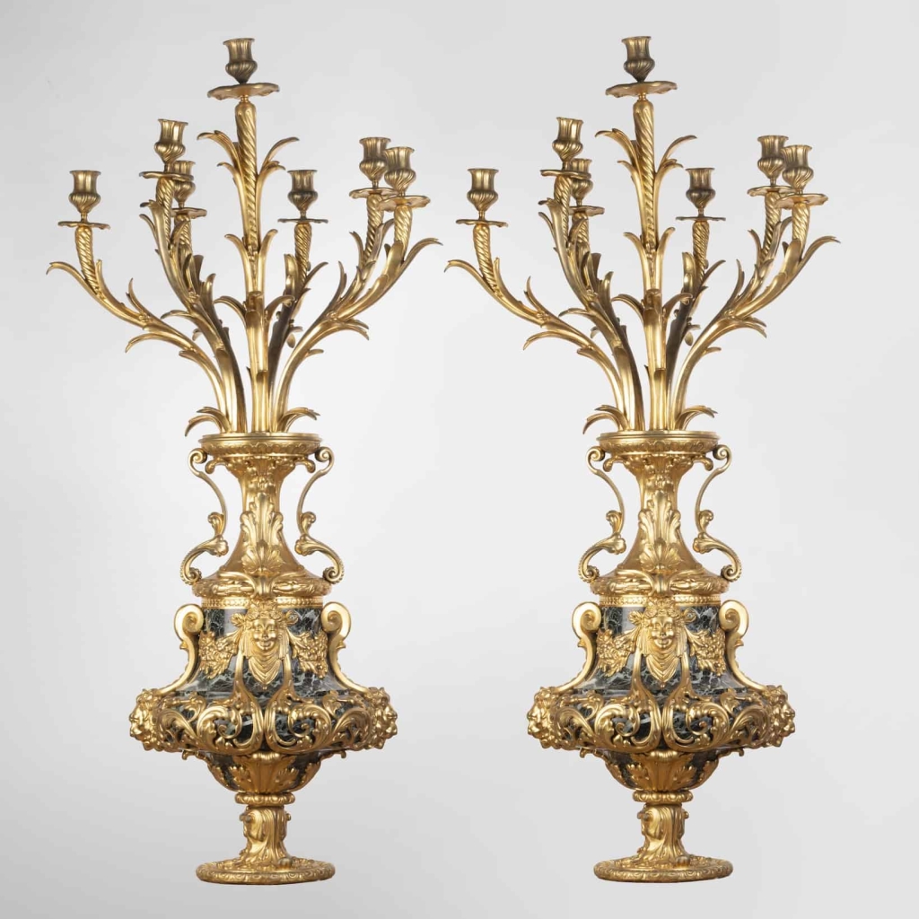 A Pair of French 19th Century Ormulu and Green Marble Candelabras. | Biron ||||||