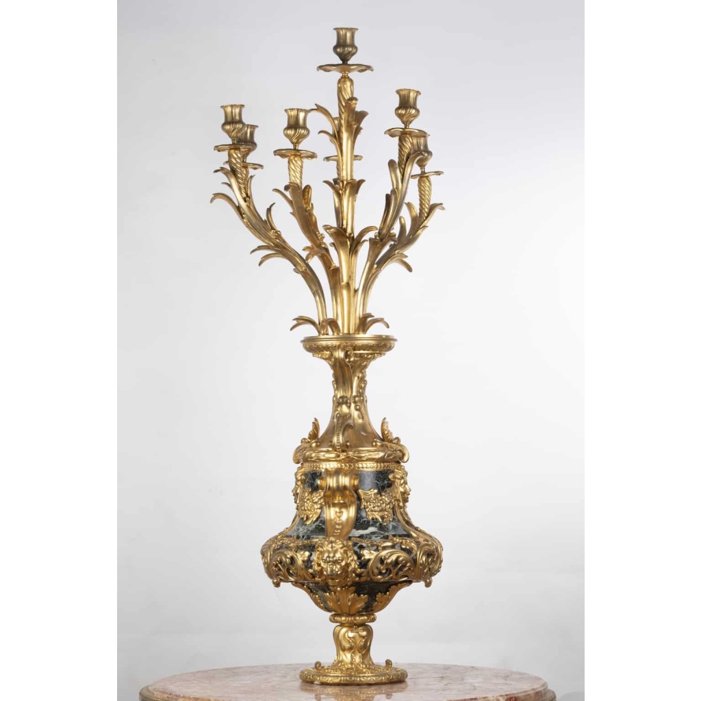 A Pair of French 19th Century Ormulu and Green Marble Candelabras. | Biron A Pair of French 19th Century Ormulu and Green Marble Candelabras.