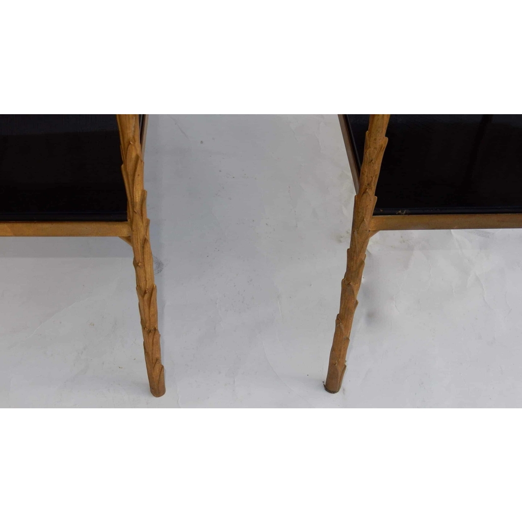 1970′ Paire de Bouts de Canapés en Bronze Doré Montants Décor Palmier Maison Charles 60 X 35 cm