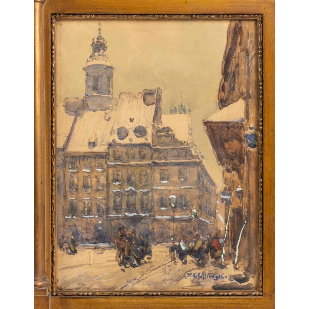 Aquarelle en triptyque représentant la ville de Varsovie sous la neige. Tadeuz Cieslewsky | Biron Aquarelle en triptyque représentant la ville de Varsovie sous la neige. Tadeuz Cieslewsky